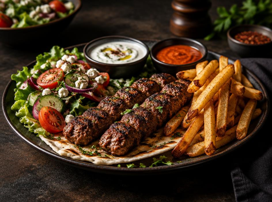 Assiette kebab avec frites maison et crudités